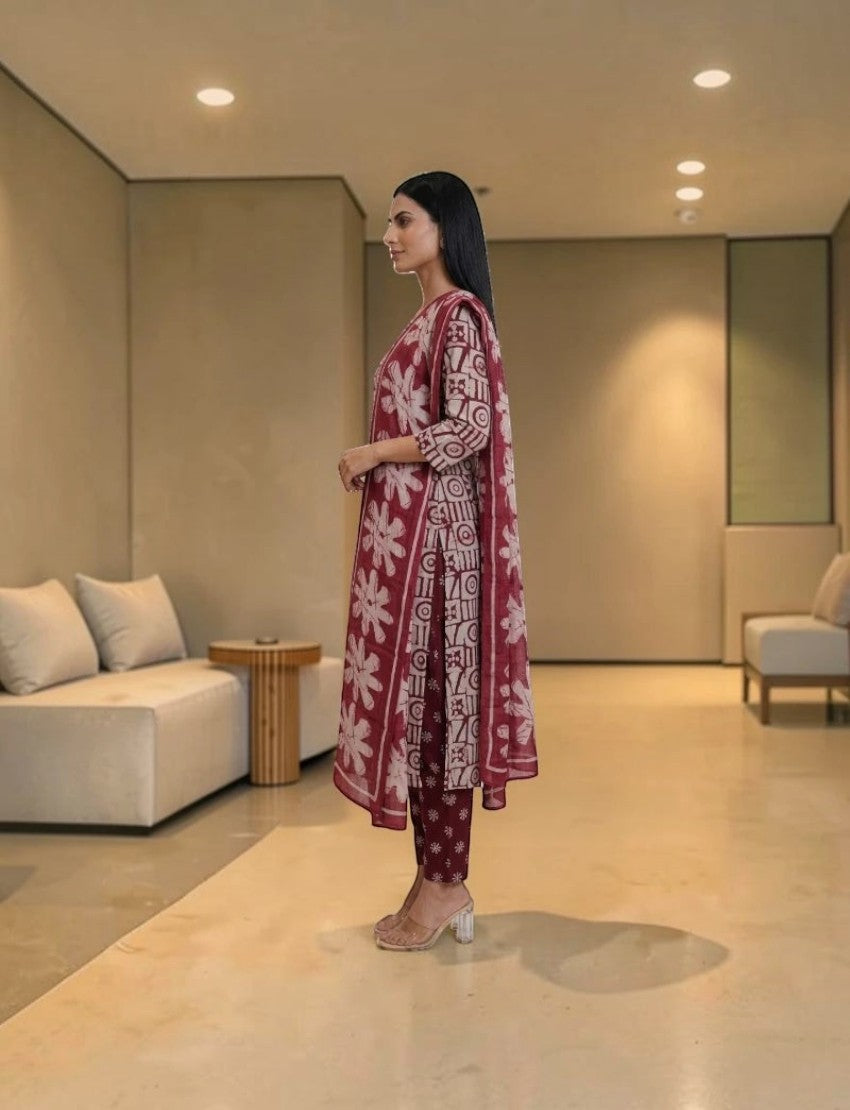 Eelika maroon cotton salwar suit set with block print, V-neck, 3/4 sleeves, trousers, and matching dupatta