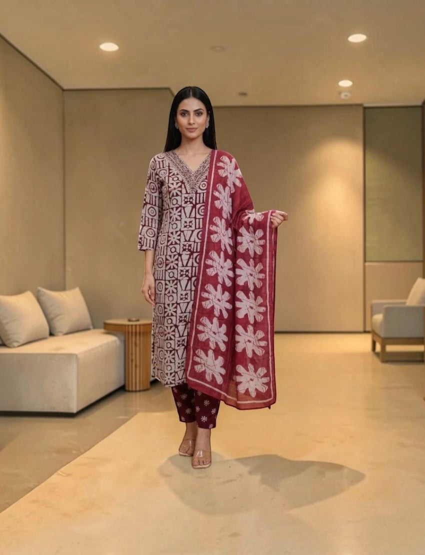 Eelika cotton salwar suit set featuring a maroon block print calf-length kurta, trousers, and a matching dupatta.