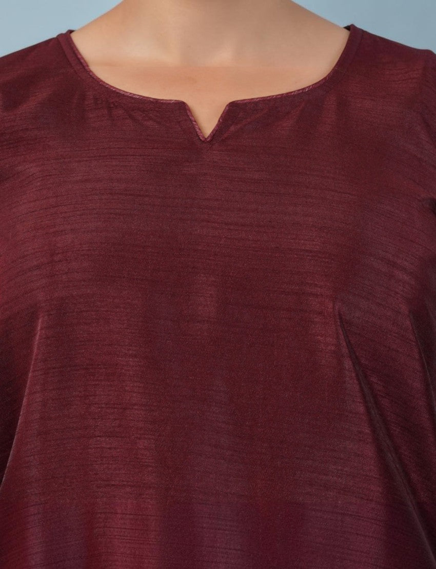 Eelika maroon silk blend kurta featuring a V-neckline and 3/4th sleeves in a traditional Farshi style suit set