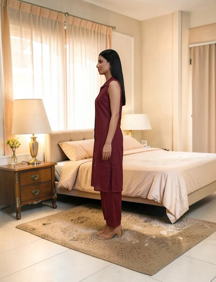 Eelika maroon sleeveless cotton salwar suit with a shirt collar and button-down kurta, worn by a model in a bedroom.