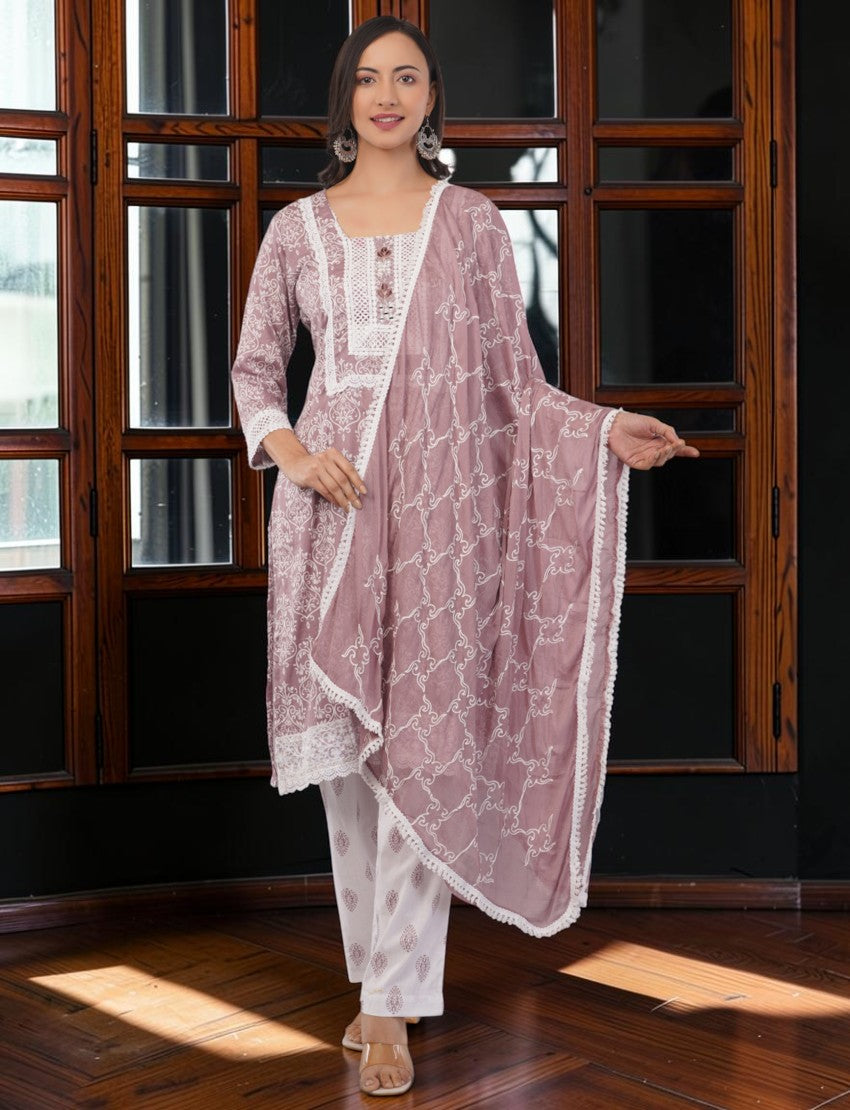 Eelika mauve pink cotton salwar suit set with white lace trim, printed knee-length top, and matching dupatta.