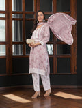 Eelika mauve pink cotton salwar suit set with white lace trim, printed knee-length kurta, and matching trousers