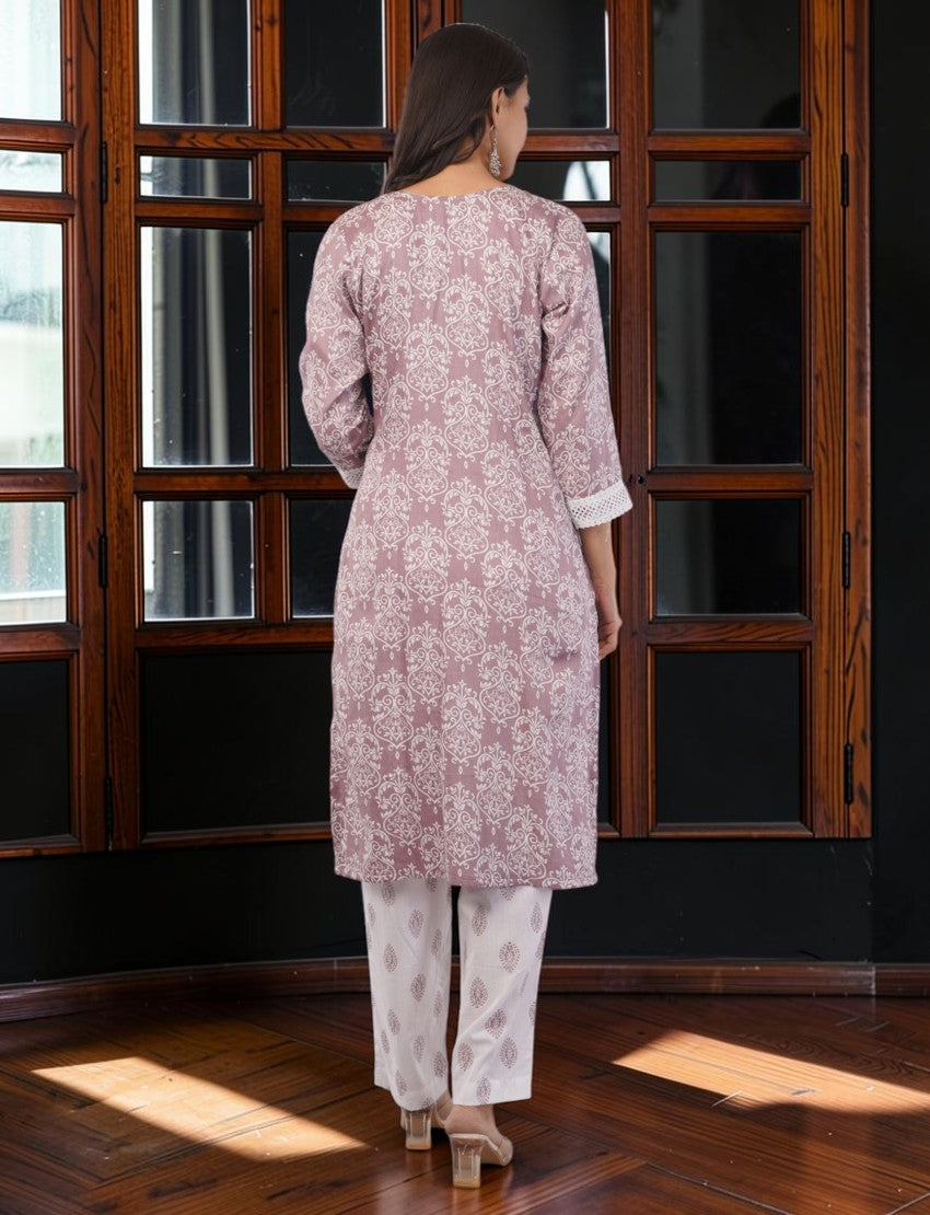 Back view of Eelika mauve pink printed cotton salwar suit with white lace trim and matching trousers