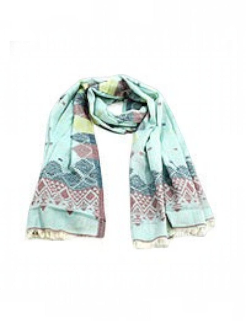 Eelika mint green cotton stole with geometric tribal patterns in grey and pink and a decorative fringe border