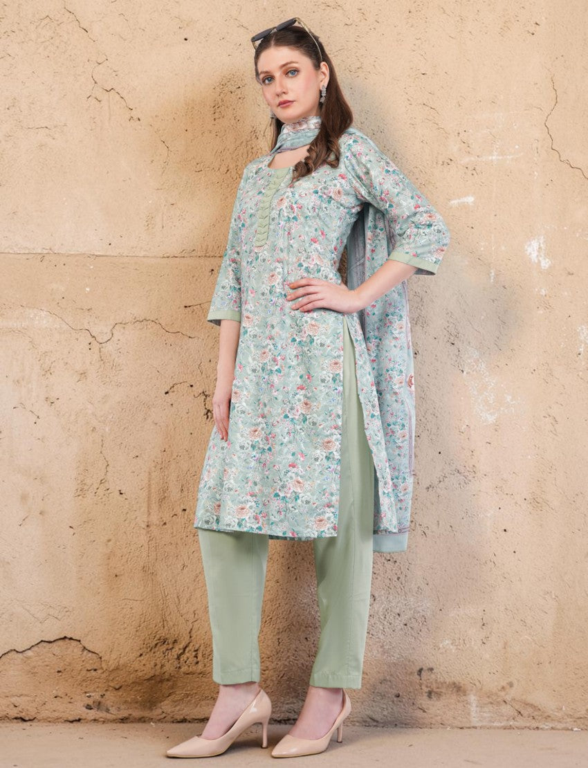 Eelika mint green cotton salwar suit with floral print, embroidered calf-length kurta, trousers, and matching dupatta