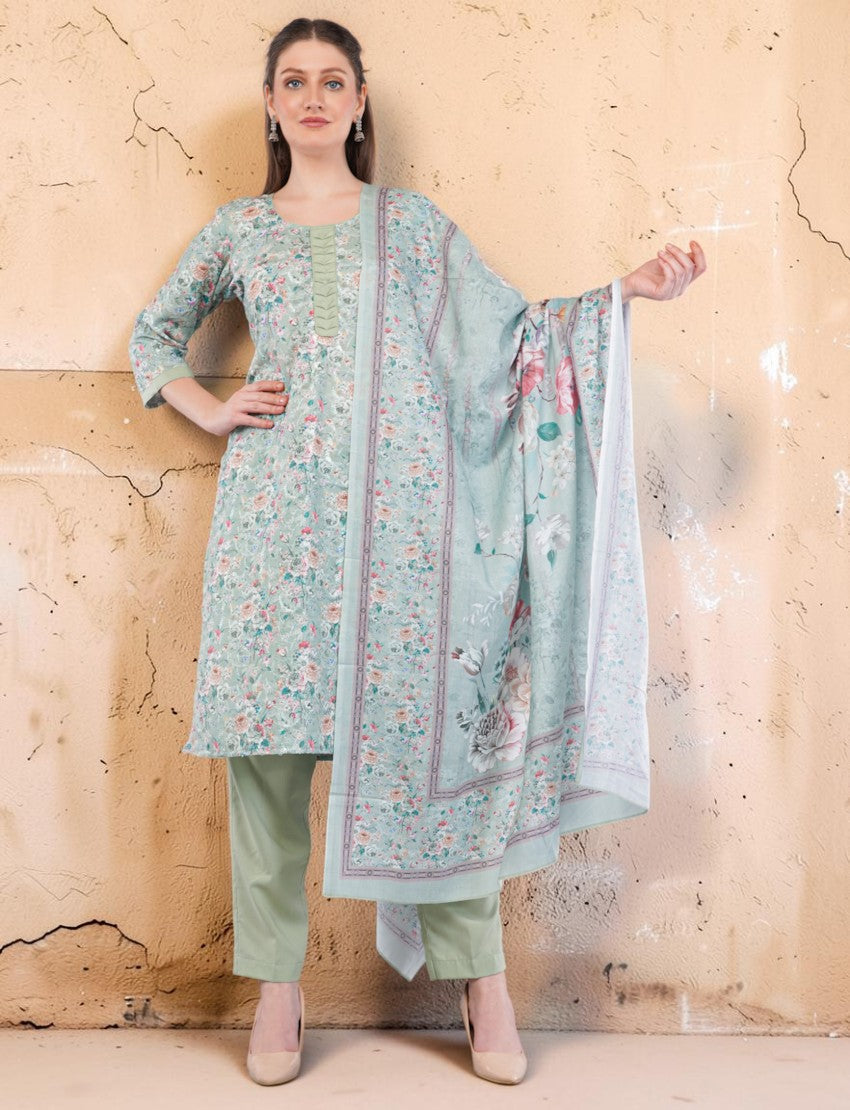 Eelika mint green cotton salwar suit set with floral print, embroidered kurta, matching trousers, and dupatta.