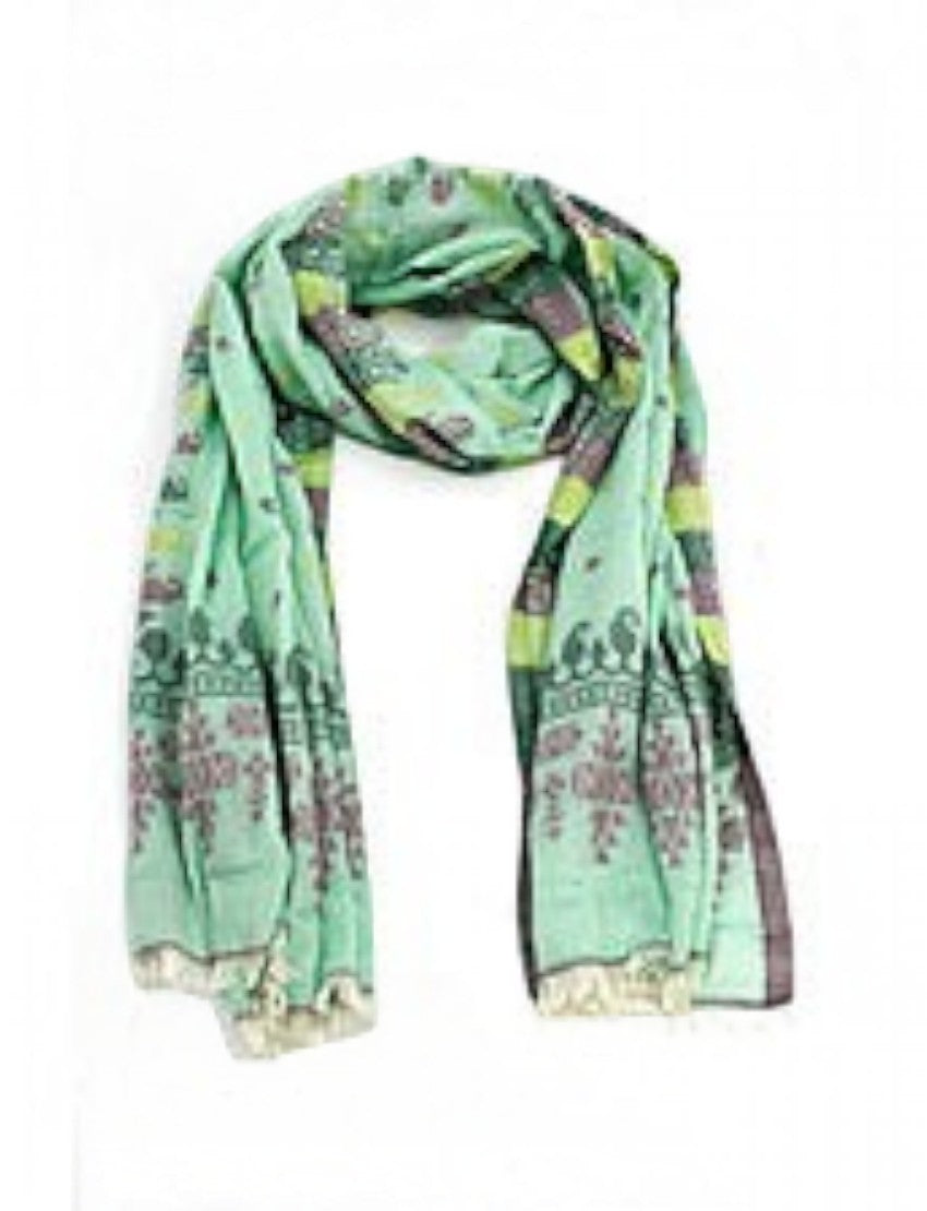 Eelika mint green cotton stole featuring floral and geometric prints with delicate fringe edges