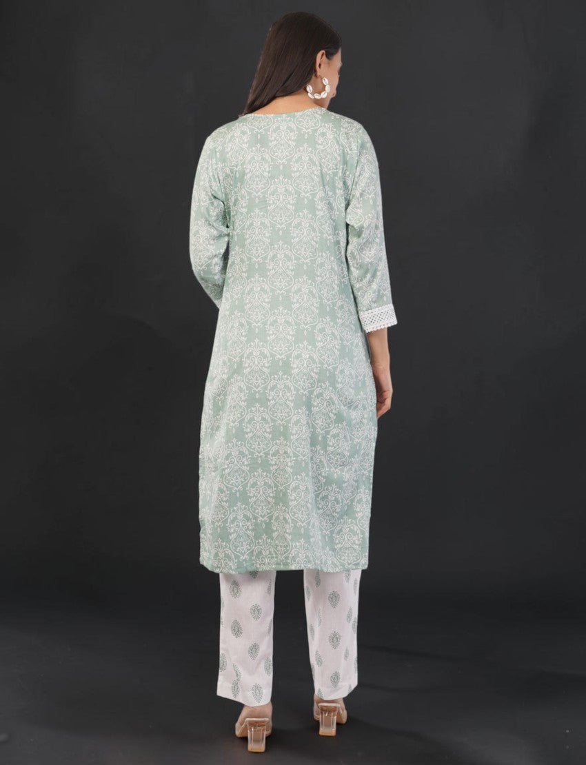 Back view of Eelika mint green floral cotton salwar kameez with 3/4 sleeves and white lace trim on a model
