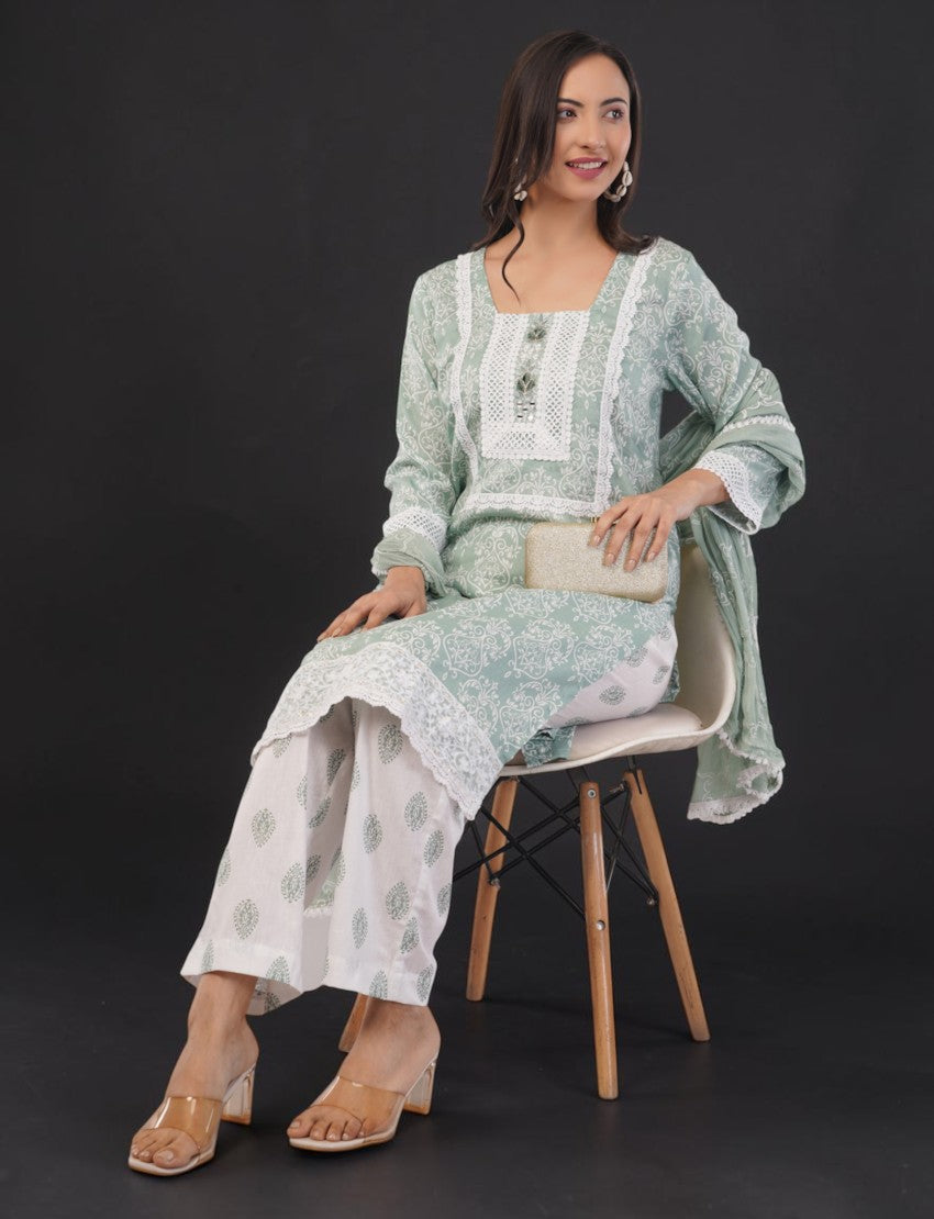 Eelika mint green cotton salwar kameez set with floral print, white lace trim, square neck, and matching dupatta