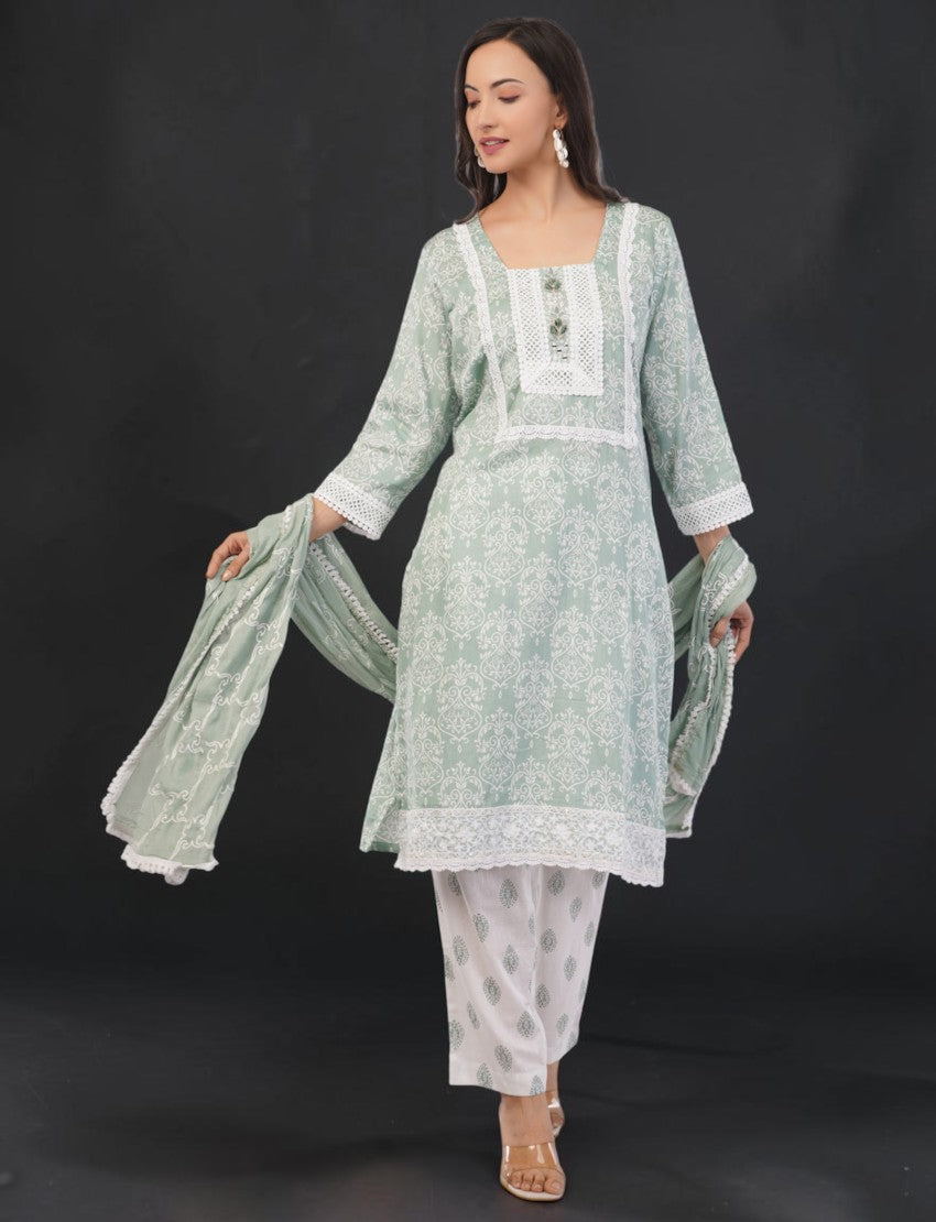 Eelika mint green floral cotton salwar kameez set with white lace trim, square neck, and matching dupatta