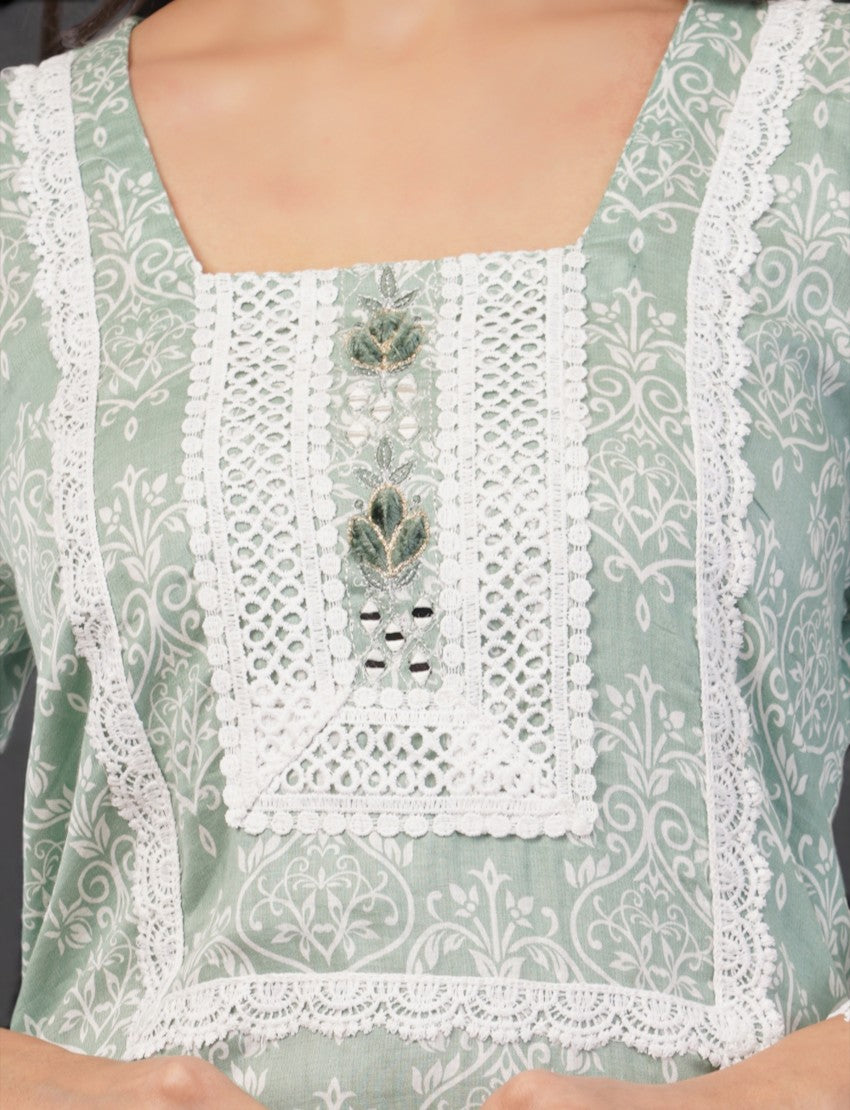 Eelika mint green cotton salwar kameez with white lace trim, square neckline, and floral print detail