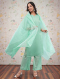 Eelika mint green silk crepe salwar suit set with V-neck calf-length kurta, trousers, and matching sheer dupatta.