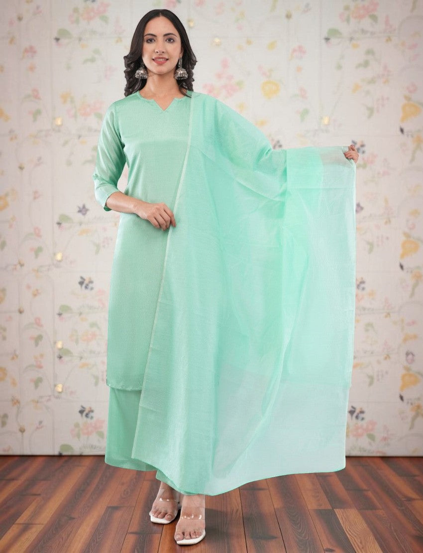 Eelika mint green silk crepe salwar suit set with V-neck calf-length kurta, trousers, and matching dupatta