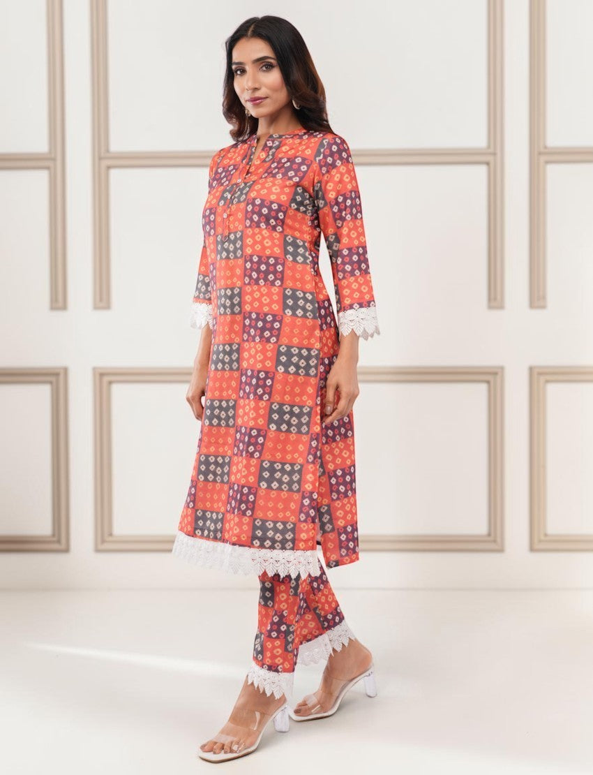 Eelika women's multicolor checkered cotton salwar suit with 3/4th sleeves and white lace trim detail