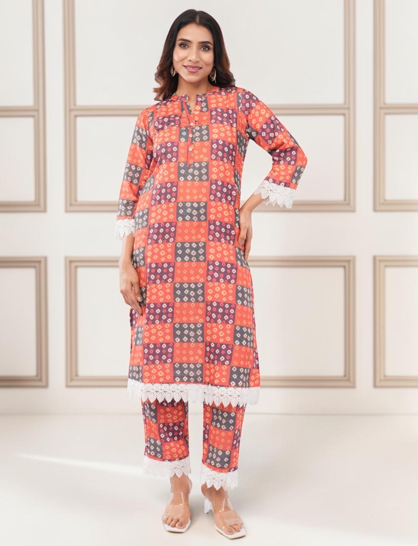 Eelika women's multicolor checkered cotton salwar suit with 3/4 sleeves, round neck, and white lace trim detail.