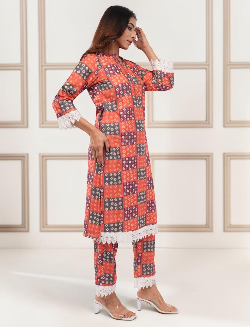 Eelika women's multicolor checkered cotton salwar suit with 3/4th sleeves and white lace trim detail