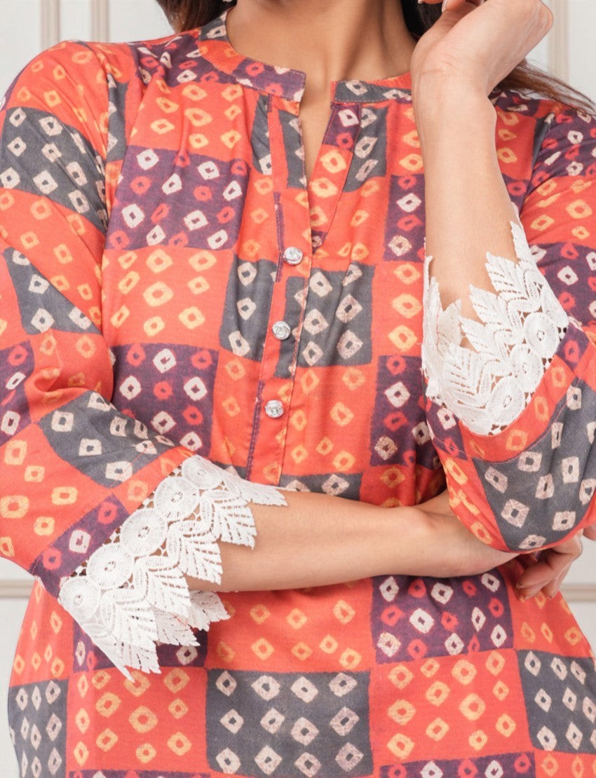 Eelika women's multicolor checkered cotton salwar suit featuring 3/4th sleeves with delicate white lace trim details.