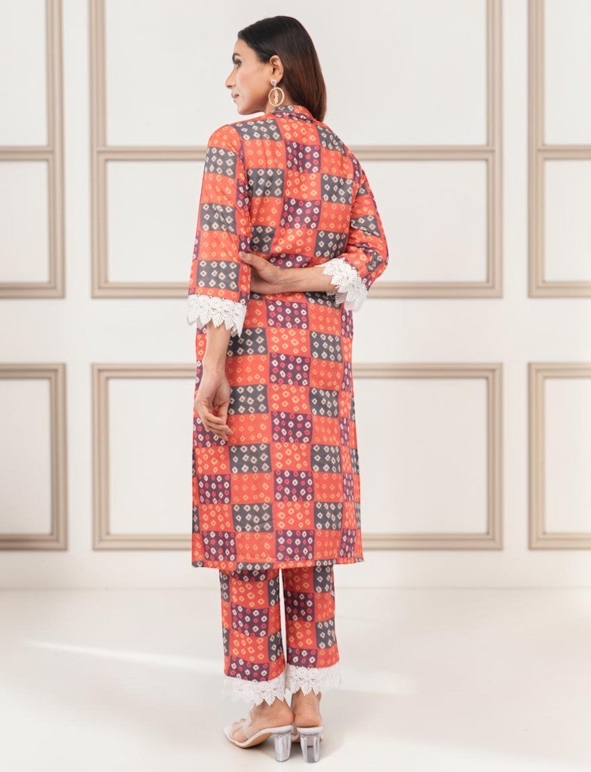 Eelika women's multicolor checkered cotton salwar suit with 3/4th sleeves and white lace trim detail