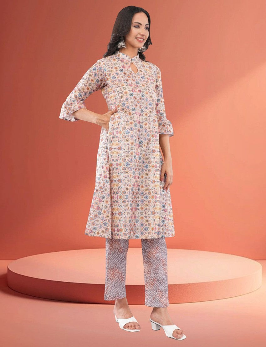 Eelika multicolor cotton blend calf length salwar suit with geometric print, keyhole neck, and 3/4th ruffled sleeves