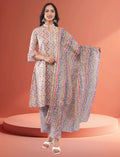 Eelika multicolor cotton blend salwar suit with geometric print, keyhole neck, 3/4 sleeves, and matching dupatta