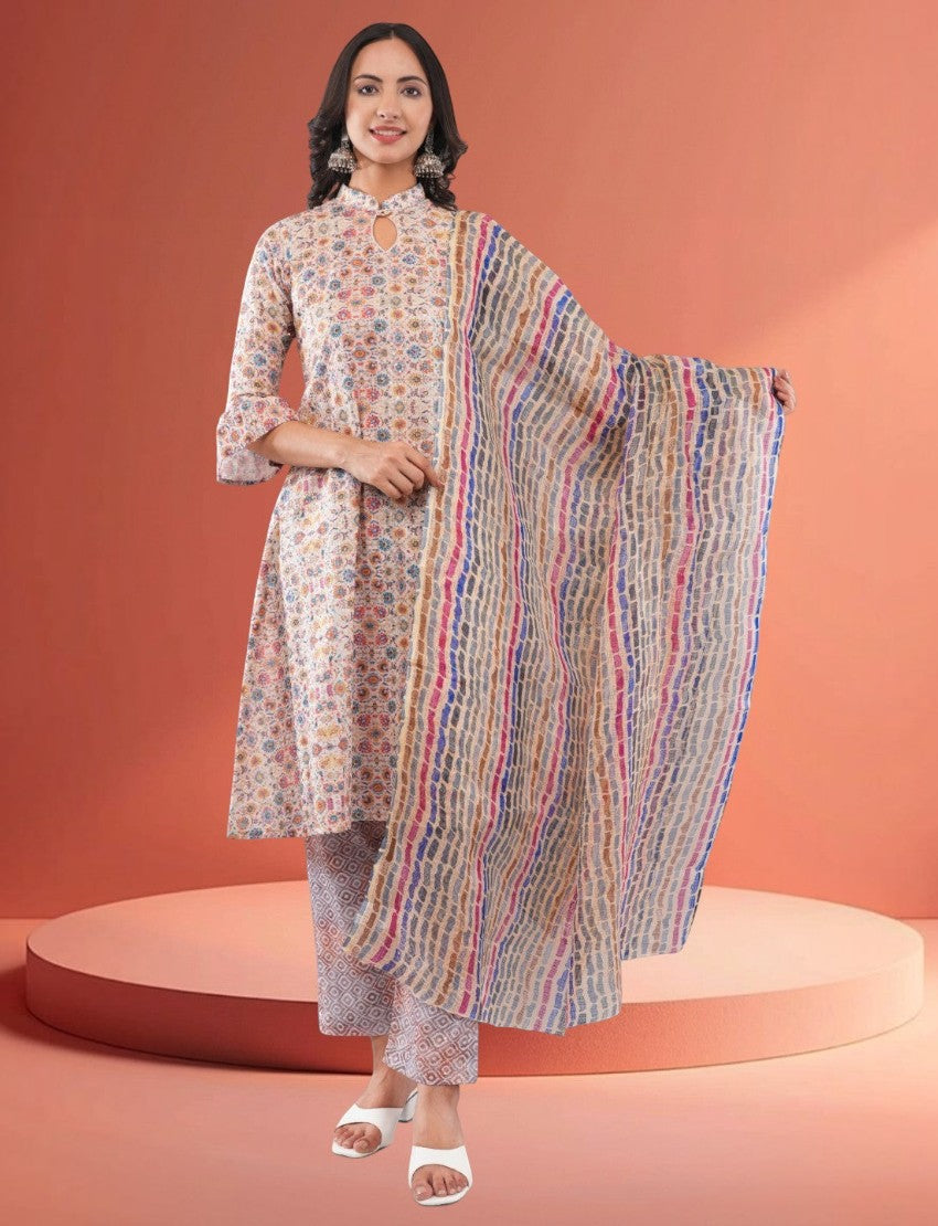 Eelika multicolor cotton blend salwar suit with geometric print, keyhole neck, 3/4 sleeves, and matching dupatta