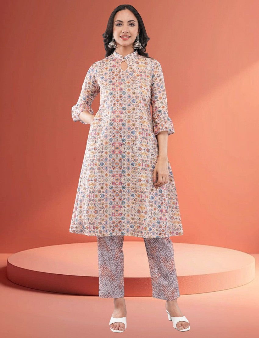 Eelika multicolor geometric embroidered cotton blend calf length salwar suit with keyhole neck and 3/4th sleeves