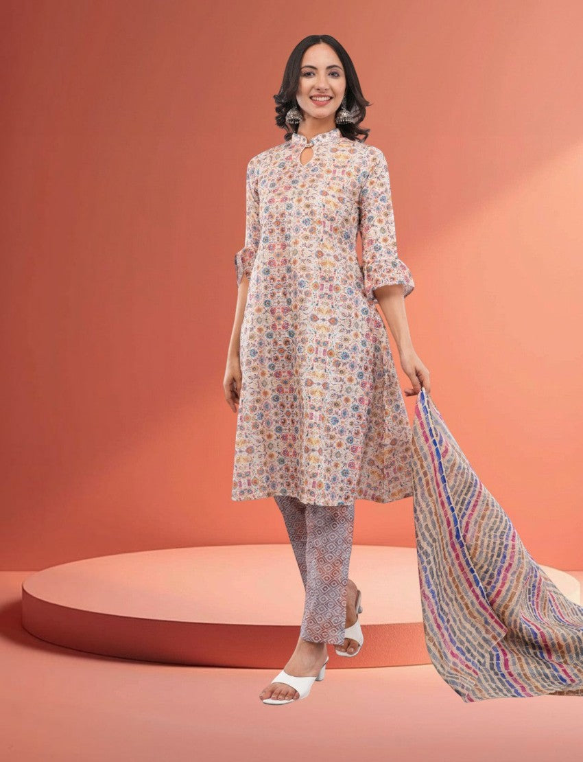 Eelika multicolor cotton blend calf-length salwar suit with geometric print, keyhole neck, and matching trousers