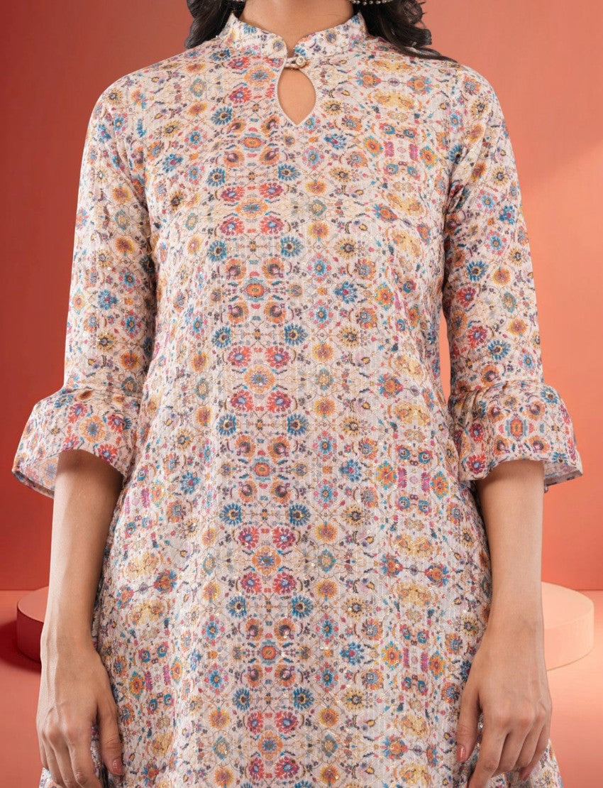 Eelika multicolor cotton blend calf length salwar suit with geometric print, keyhole neck, and 3/4th ruffled sleeves