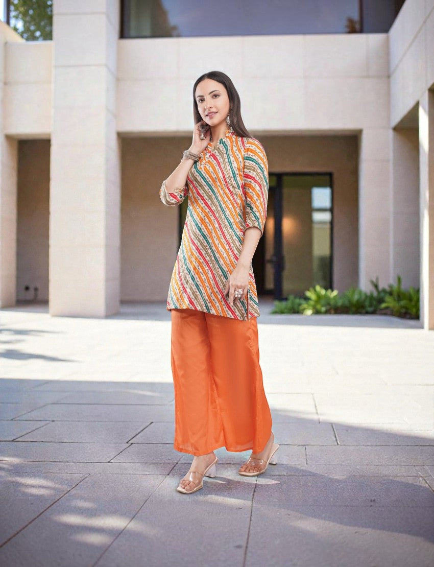 Eelika multicolour striped crepe kurta with orange georgette palazzo pants and dupatta worn by a model