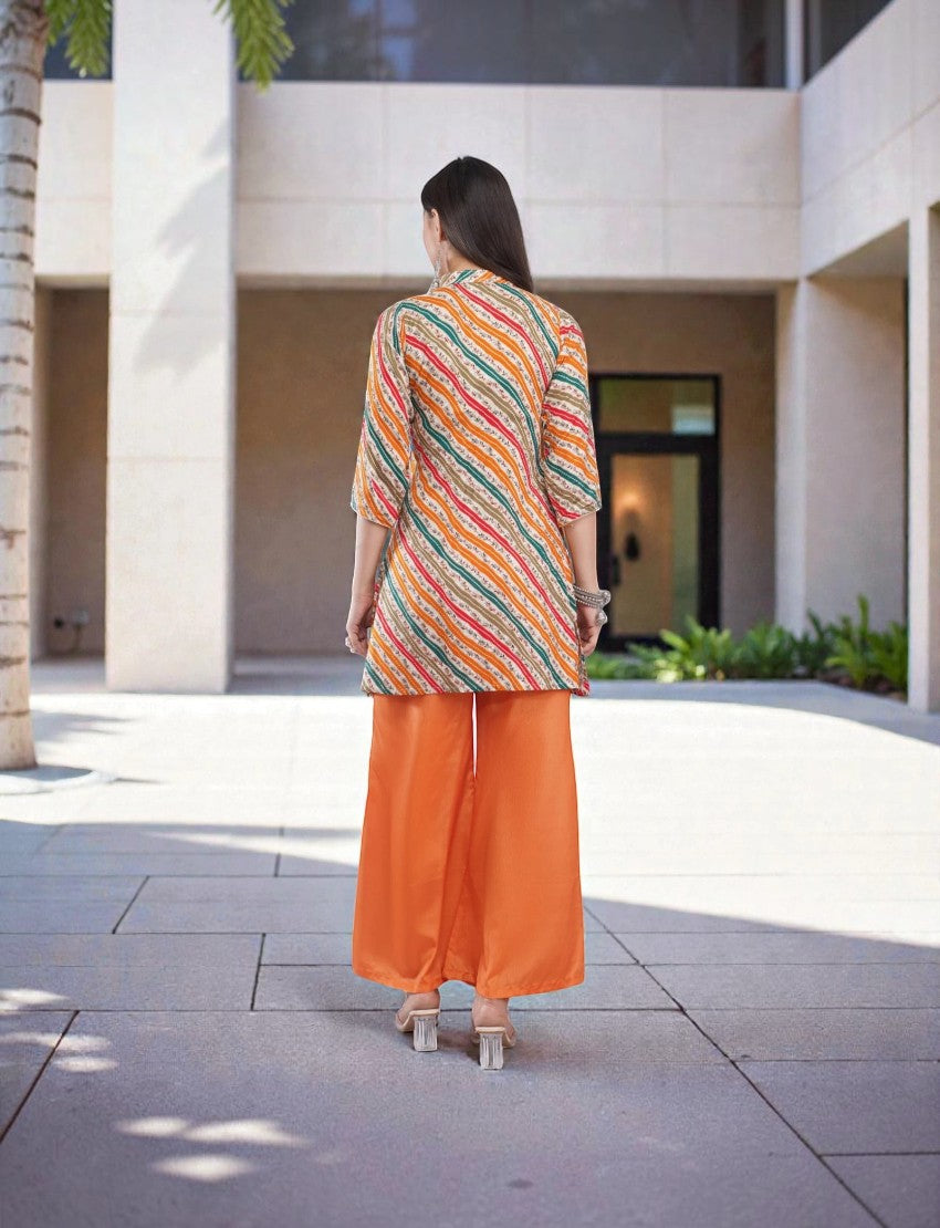Back view of a woman wearing an Eelika multicolour striped crepe kurta with solid orange georgette palazzo trousers