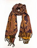 Eelika navy blue and gold paisley wool viscose stole with decorative tassels for elegant styling.