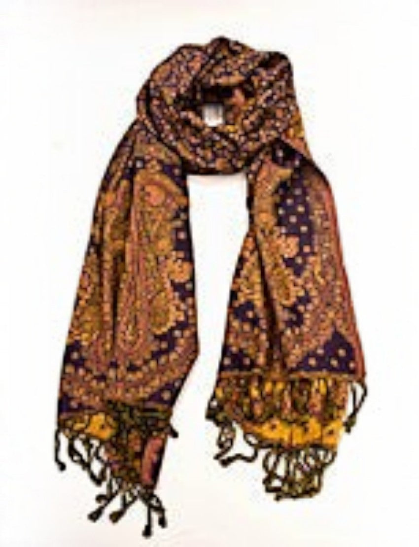 Eelika navy blue and gold paisley wool viscose stole with decorative tassels for elegant styling.