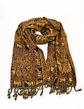 Eelika navy and gold wool viscose stole with traditional elephant motifs and decorative tassels
