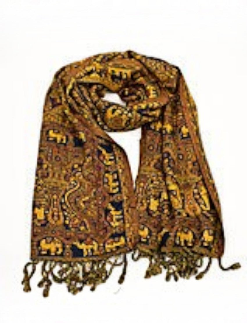 Eelika navy and gold wool viscose stole with traditional elephant motifs and decorative tassels