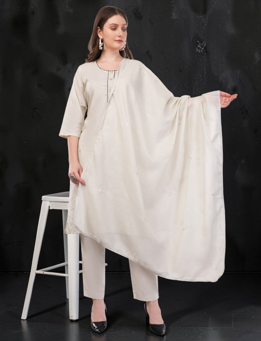Eelika off-white cotton salwar suit set with 3/4 sleeves, round neck, and matching embroidered dupatta