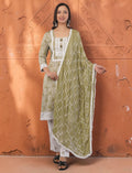 Eelika olive green cotton salwar suit set with white embroidery, square neck, 3/4 sleeves, and matching dupatta