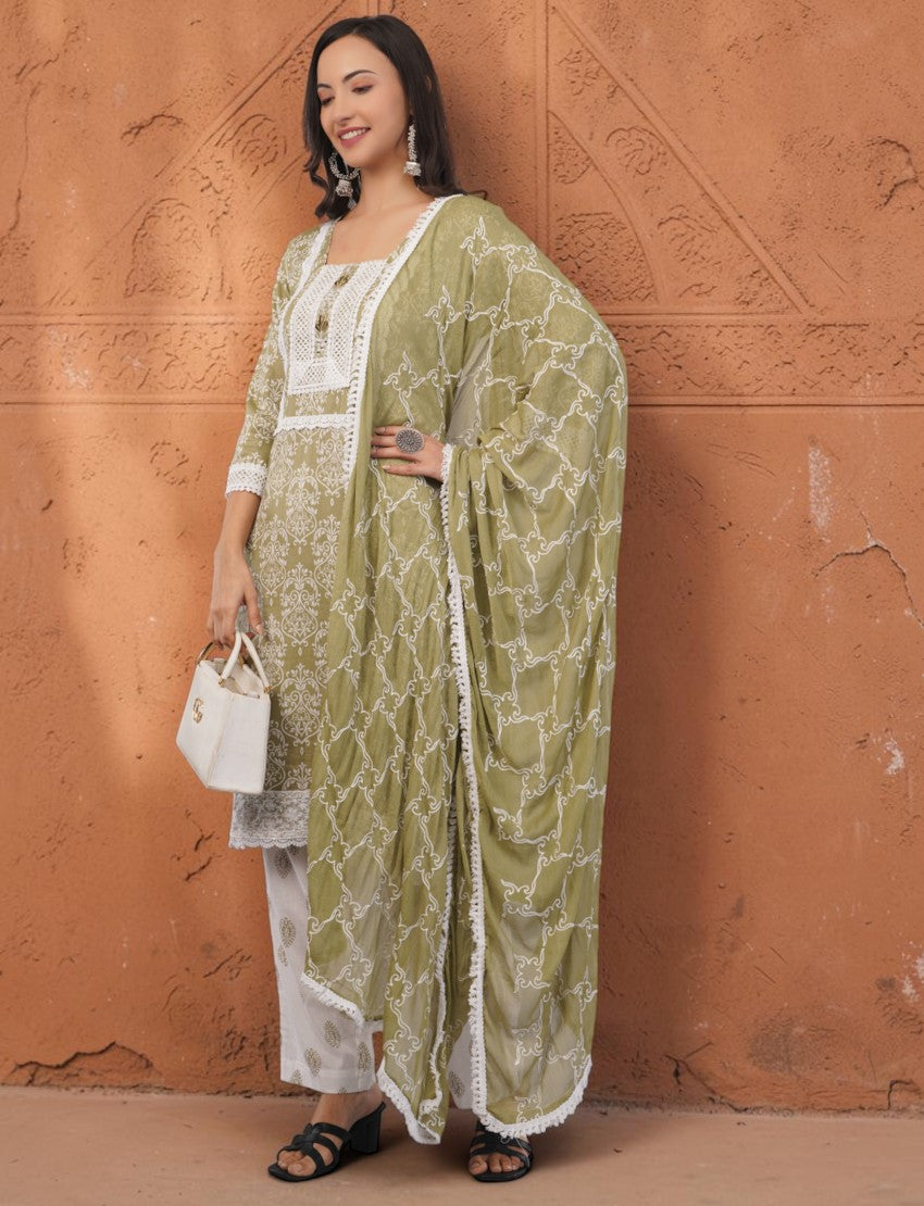 Eelika olive green cotton salwar suit set with white embroidery, square neck, 3/4 sleeves, and matching dupatta
