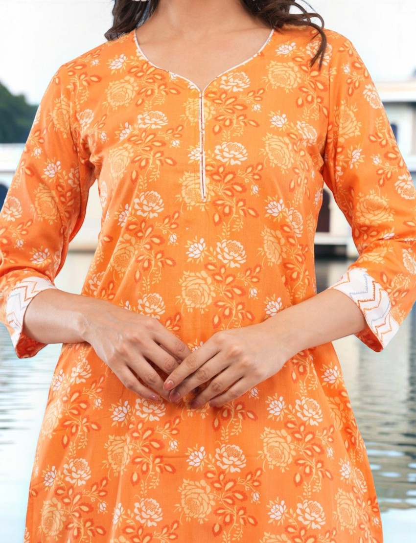 Eelika orange pure cotton calf length kurta with floral paisley print, V-neck, and 3/4th sleeves