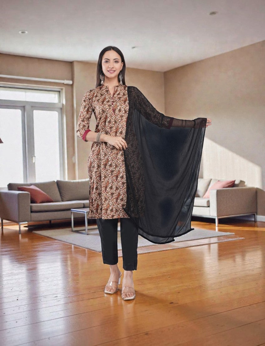 Eelika women's paisley print crepe salwar suit with mandarin collar, 3/4th sleeves, black trousers, and black dupatta.