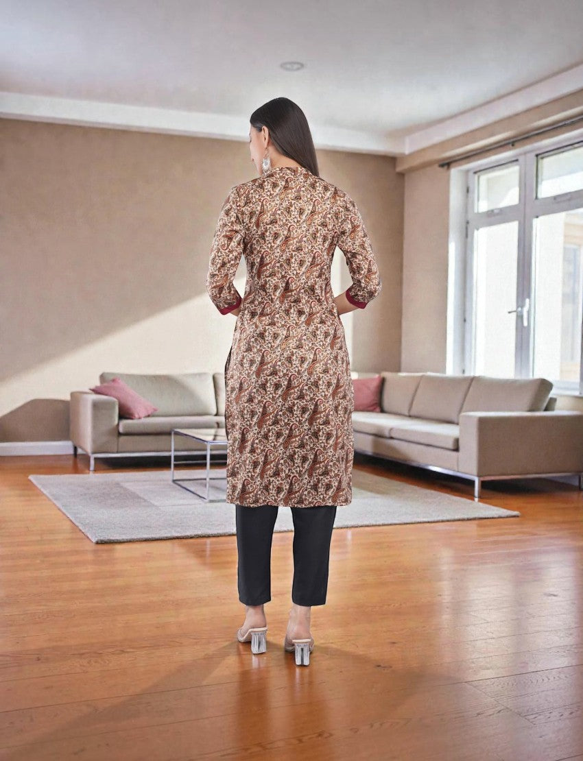 Eelika women's paisley print crepe salwar suit with 3/4th sleeves, mandarin collar, and black cotton trousers