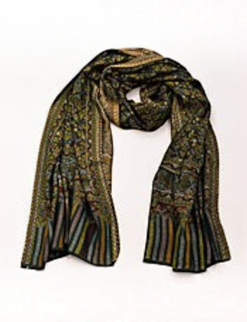 Eelika silk pashmina stole featuring intricate multicolour paisley patterns and striped borders in green and gold.