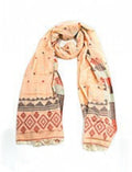 Eelika cotton stole in peach with red and grey geometric patterns, diamond border motifs, and delicate fringed edges.