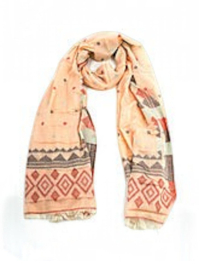 Eelika cotton stole in peach with red and grey geometric patterns, diamond border motifs, and delicate fringed edges.