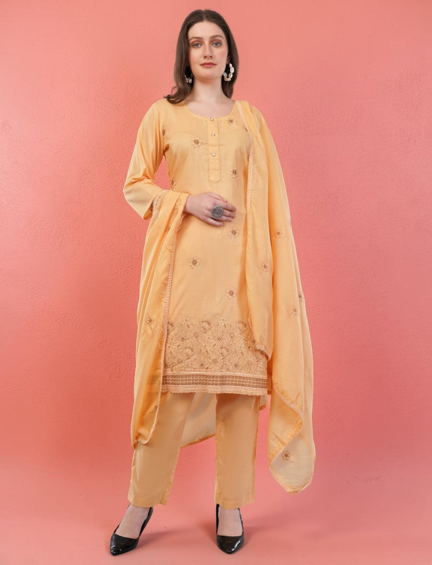Eelika peach cotton salwar suit set with embroidered knee-length kurta, matching trousers, and a delicate dupatta