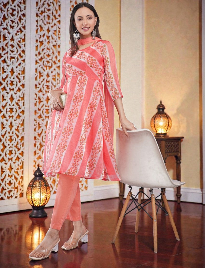 Eelika peach organza Anarkali kurta with floral print, 3/4 sleeves, cotton trousers, and matching dupatta on a model