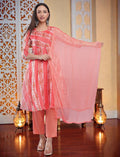 Eelika peach floral printed organza Anarkali kurta set with 3/4th sleeves, matching trousers, and a sheer dupatta