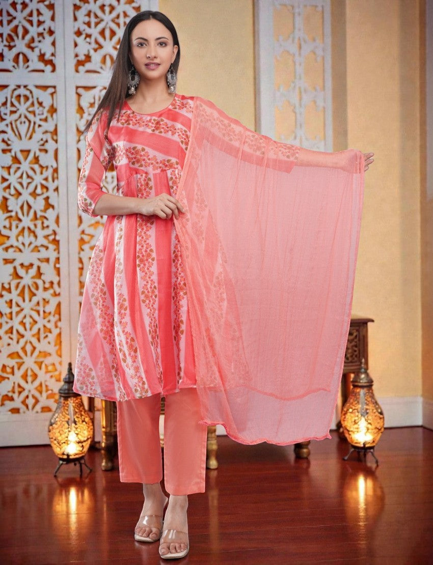 Eelika peach floral printed organza Anarkali kurta set with 3/4th sleeves, matching trousers, and a sheer dupatta