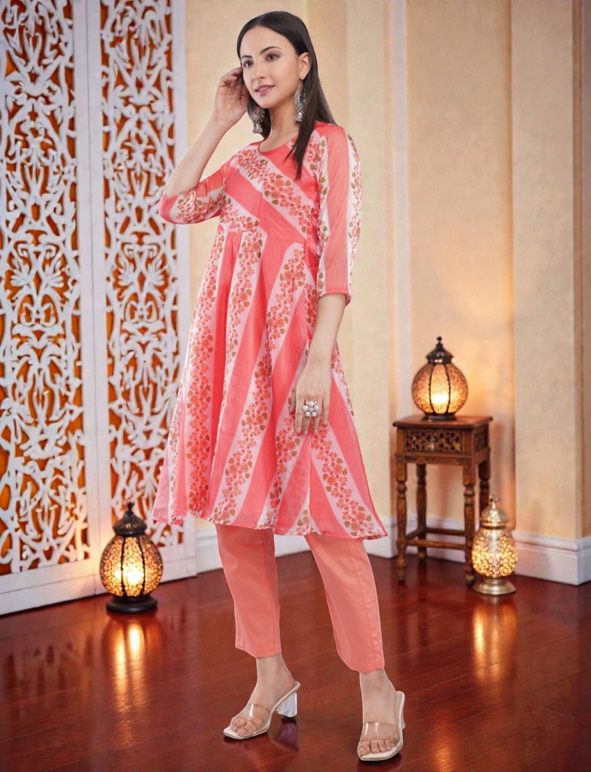 Eelika peach floral printed organza Anarkali kurta with matching cotton trousers and 3/4th sleeves