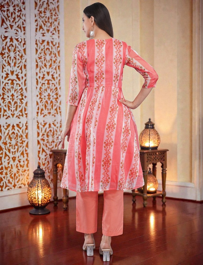 Eelika peach floral printed organza Anarkali kurta with cotton trousers and dupatta, back view