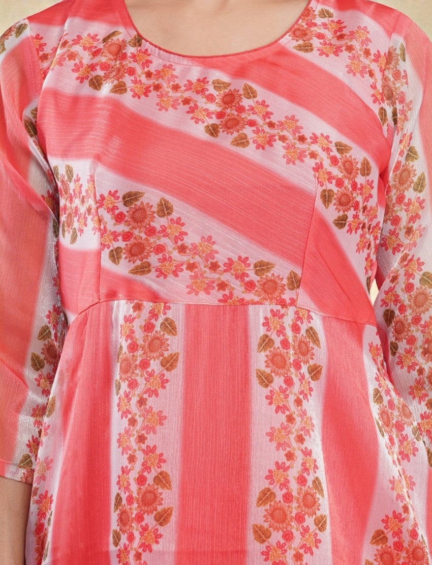 Eelika peach organza Anarkali kurta with floral print, round neck, and 3/4th sleeves
